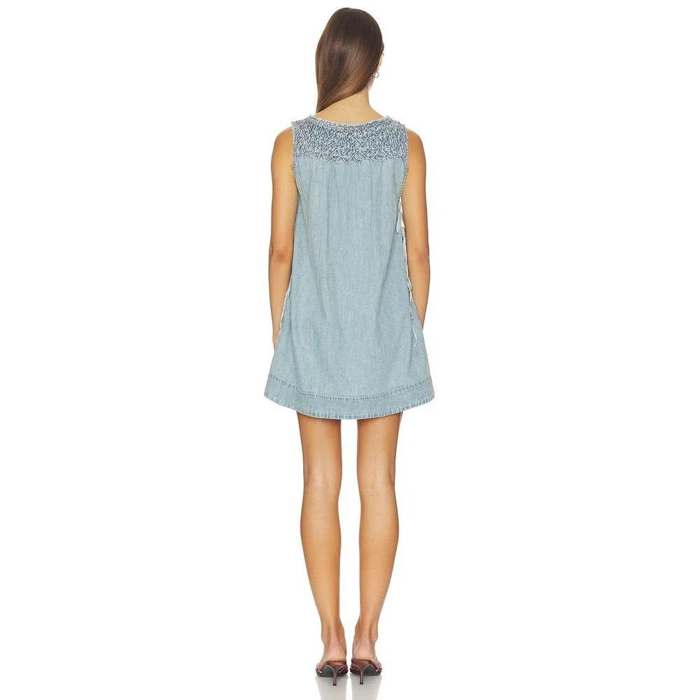 Free People Maisie Smocked Denim Mini Dress Large New With Tags